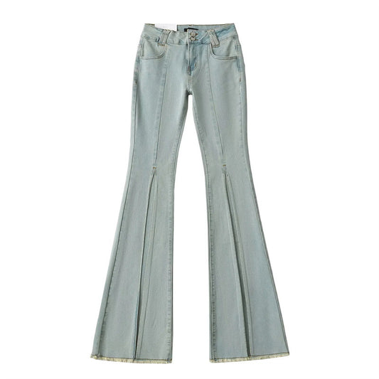 Woman's Low Waist Denim Washed Frayed Hem Wide Leg Jeans