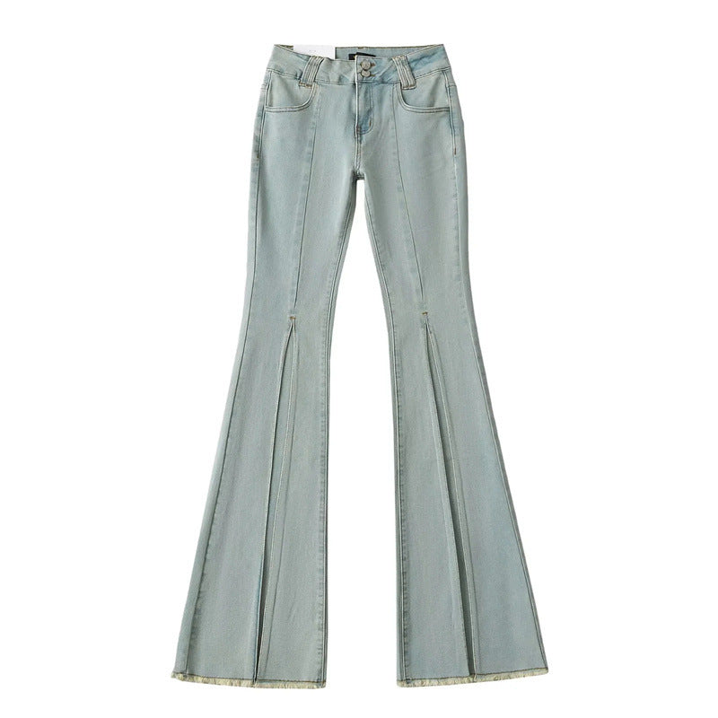 Woman's Low Waist Denim Washed Frayed Hem Wide Leg Jeans