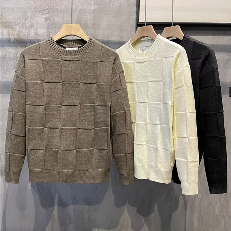 Men's Solid Color Checkered Long Sleeve Sweater/4 Colors