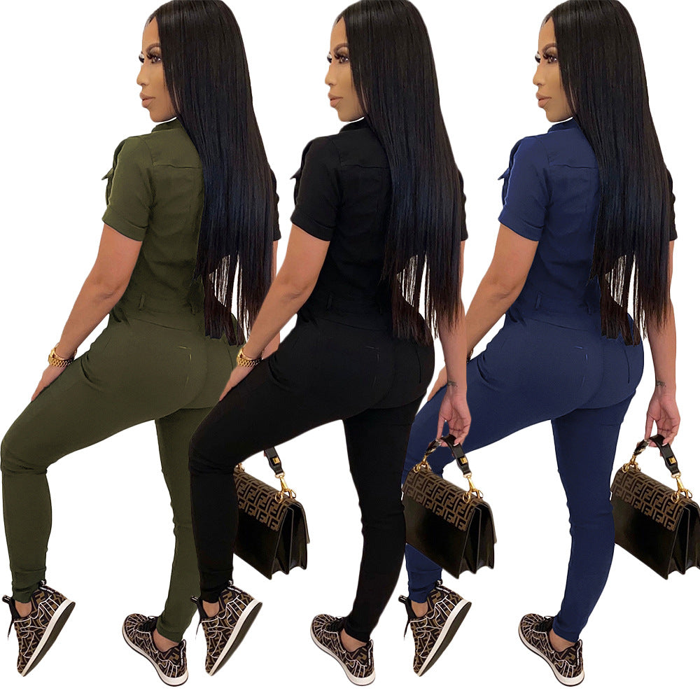 Women' Polo Collar Short-sleeved Single-breasted Jumpsuit/2 Colors