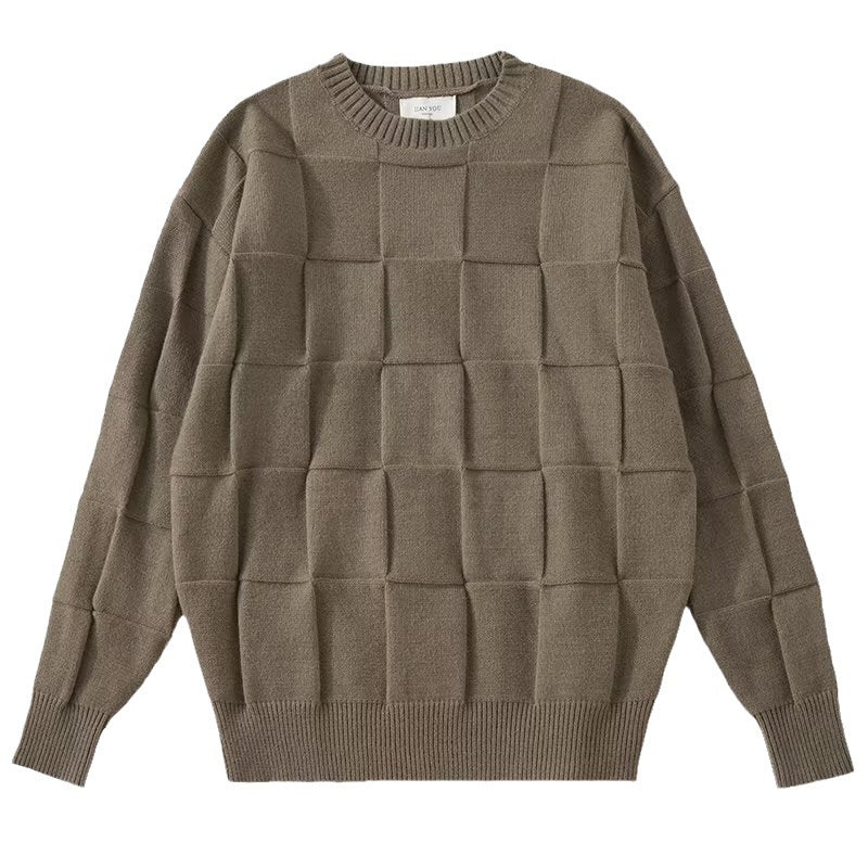 Men's Solid Color Checkered Long Sleeve Sweater/4 Colors