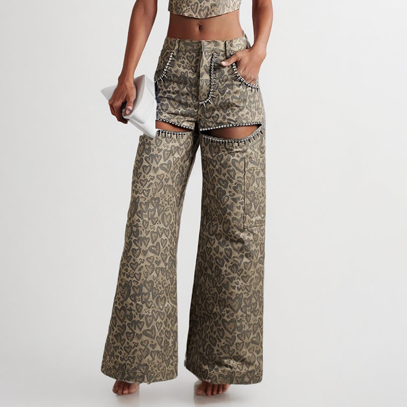 Women's Leopard Printed Denim Flare Jeans