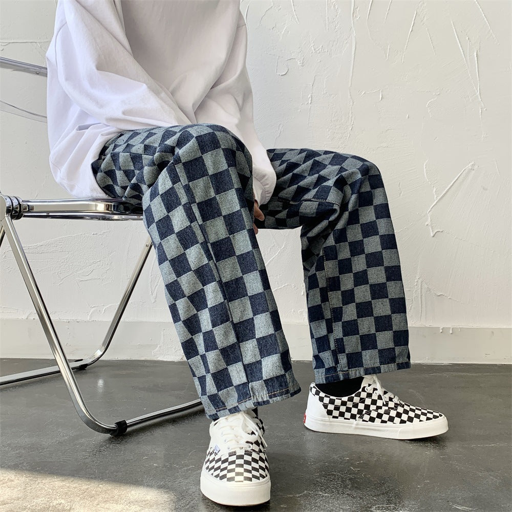 Men's Checkered Straight Leg Jeans/2 Colors