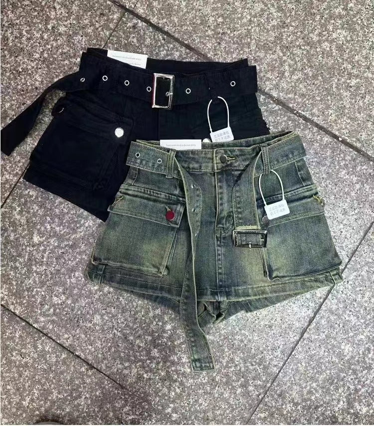 Woman's Denim Belt Tie Shorts/3 Colors