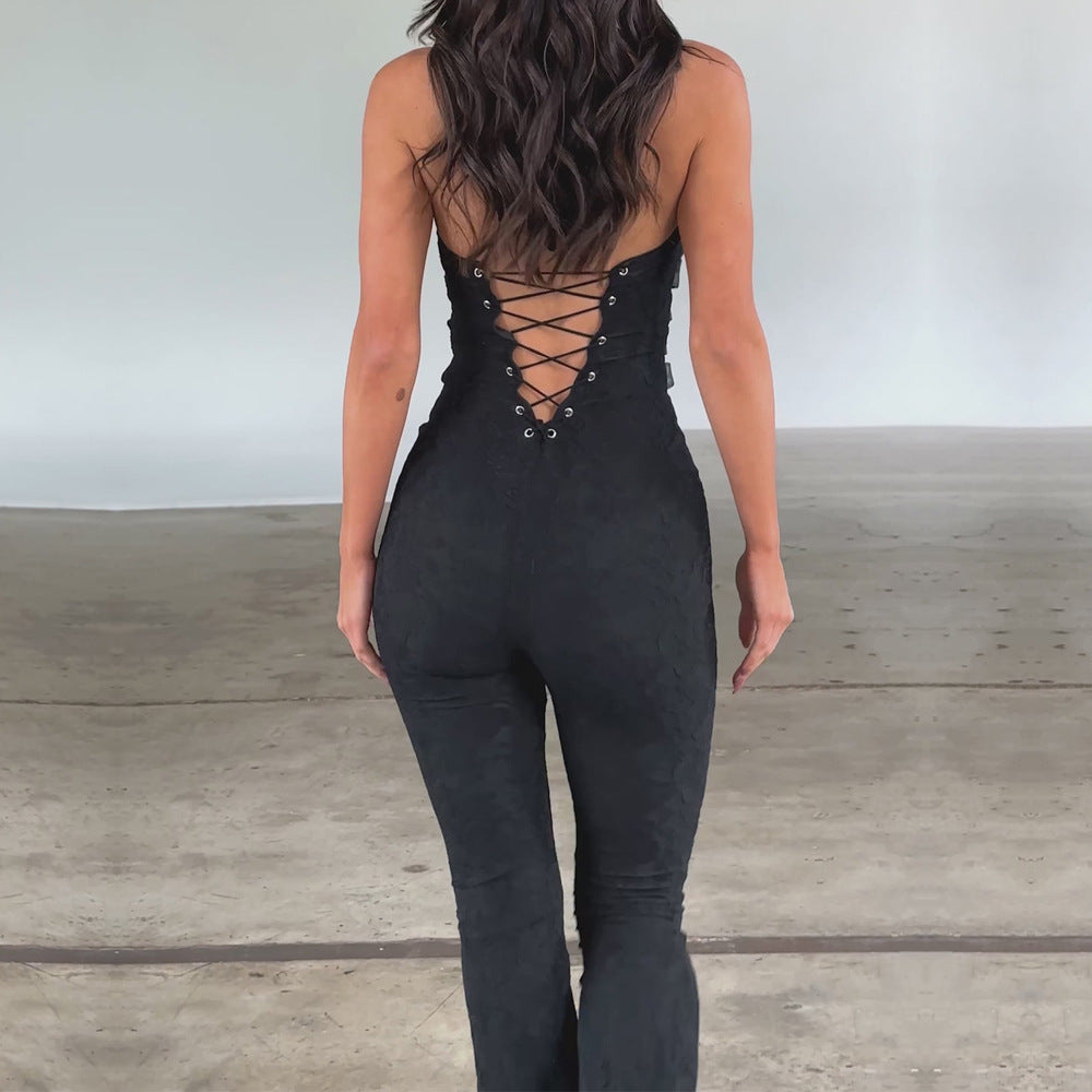 Woman's Lash Rope Lace Up Slim Fit Jumpsuit/2 Colors