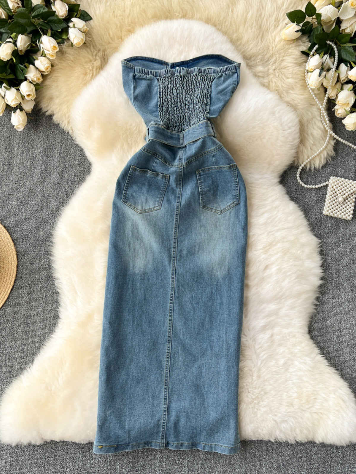 Woman's Waist-tight Hip Split Denim Dress