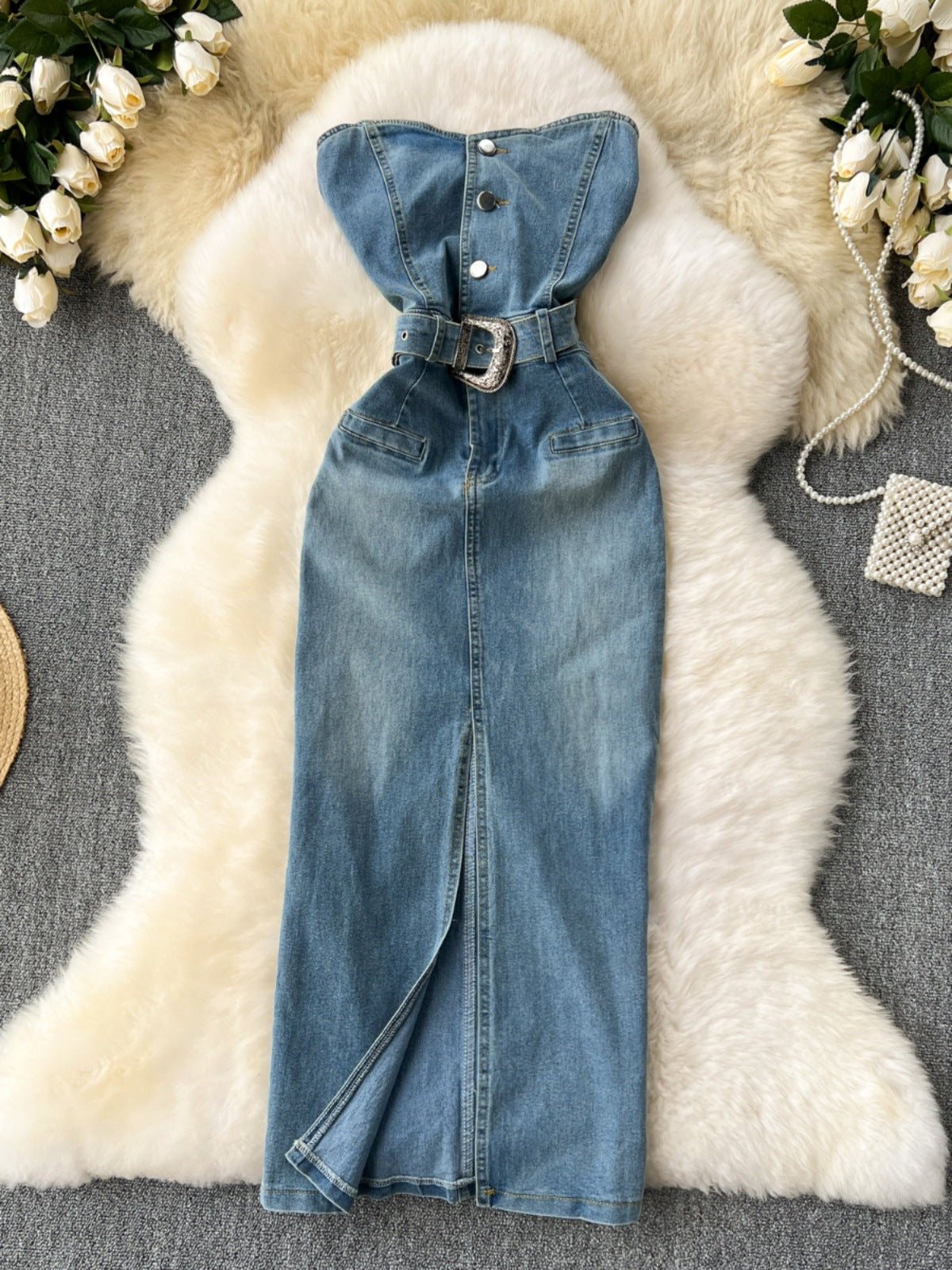 Woman's Waist-tight Hip Split Denim Dress