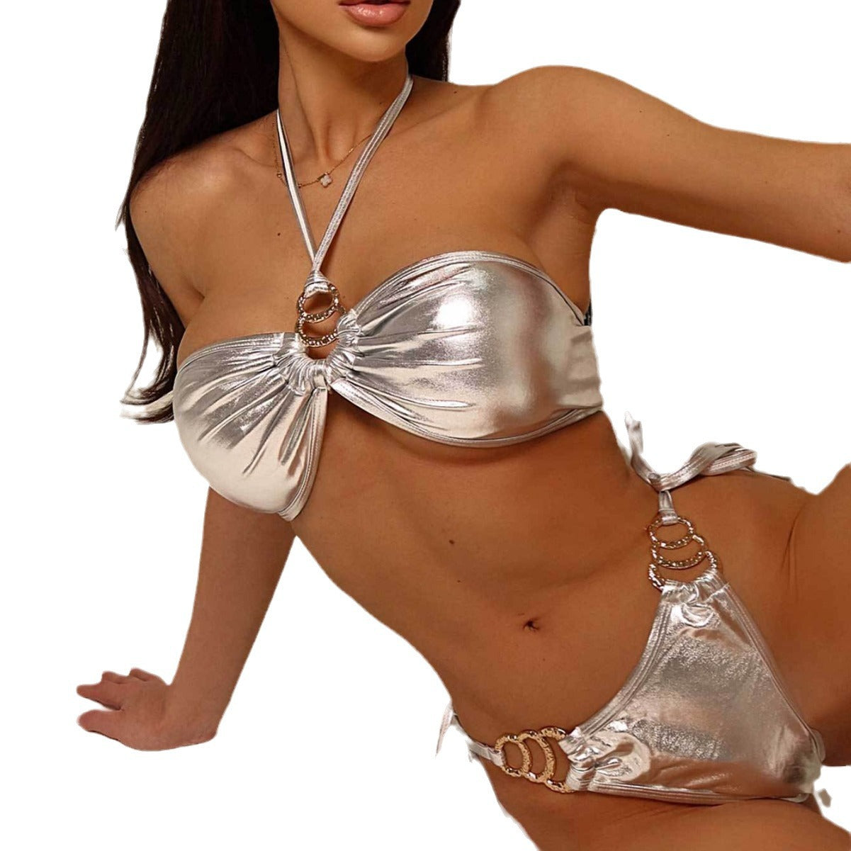 Women's Tube Top Shiny Silver Bikini