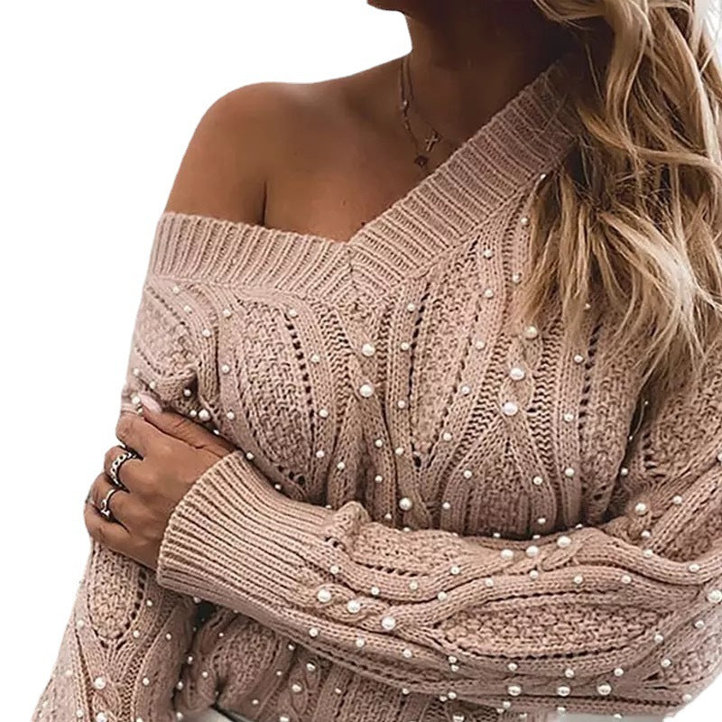 Women's Twist Collar Pullover Bead Long Sleeve Knitted Sweater