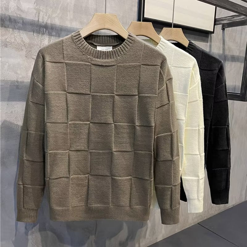Men's Solid Color Checkered Long Sleeve Sweater/4 Colors