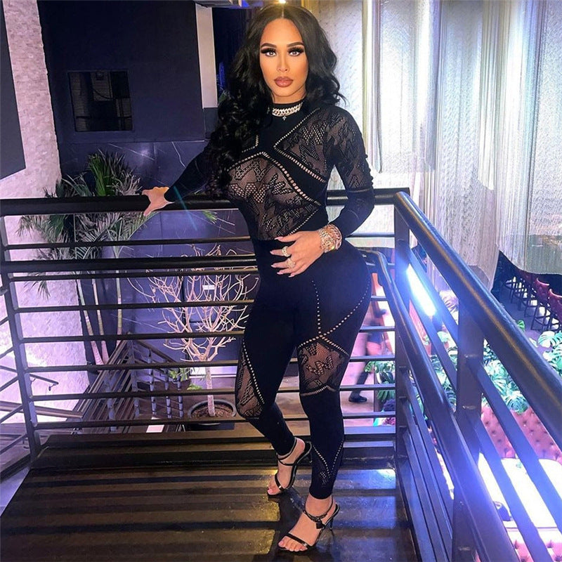 Woman's Hollow Sheath Skinny Knit High Waist One Peice Jumpsuit