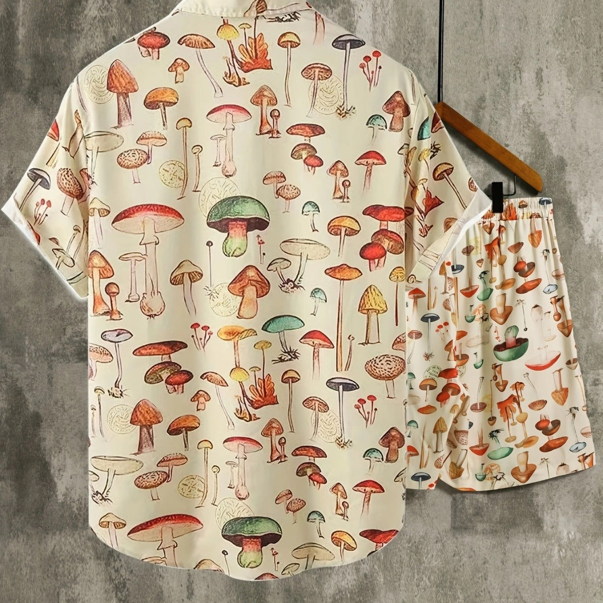 Men's Mushroom Printed Casual Short Sleeve Two Peice Set