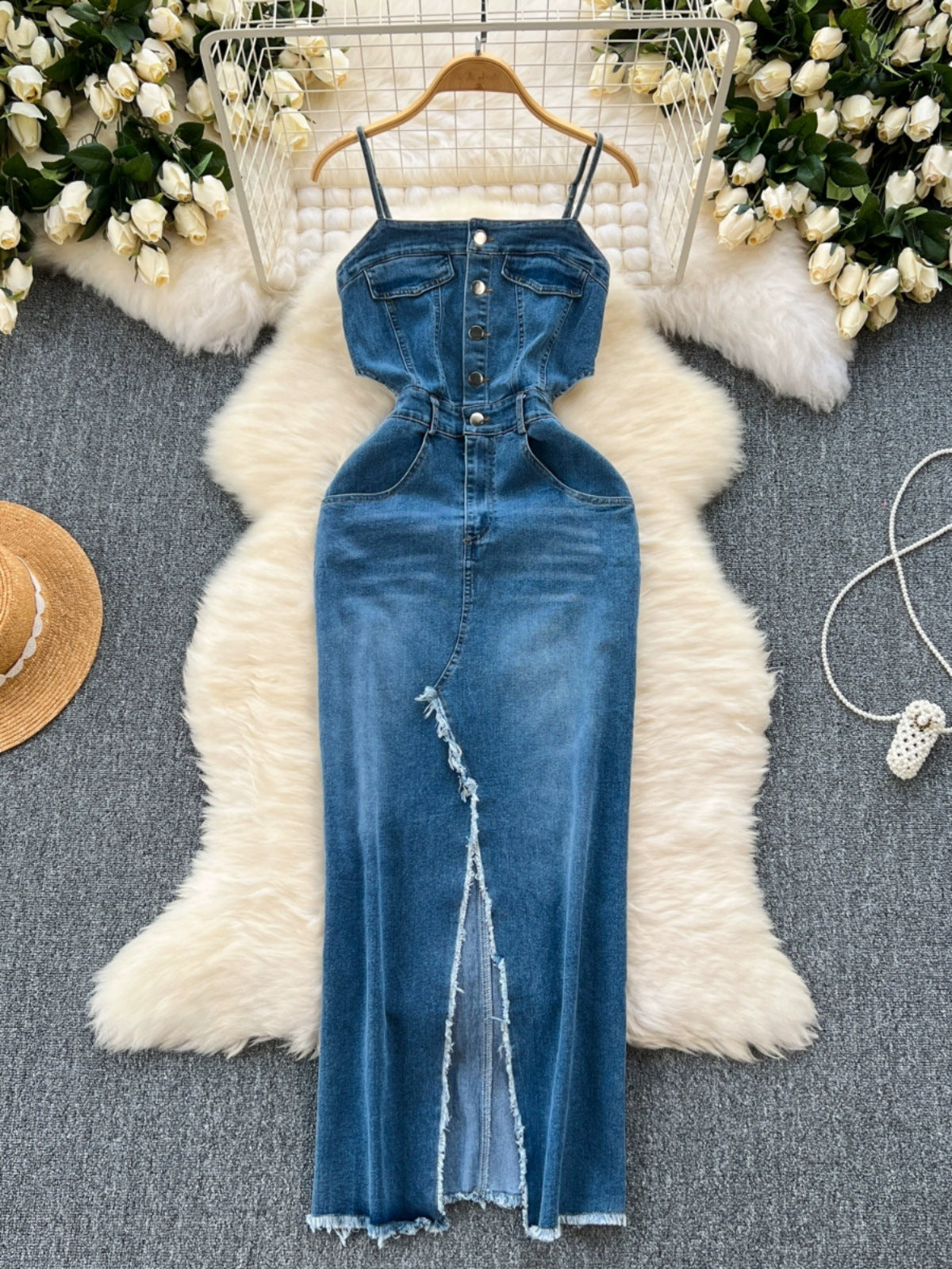 Woman's Denim Frayed Hem Long Split Dress