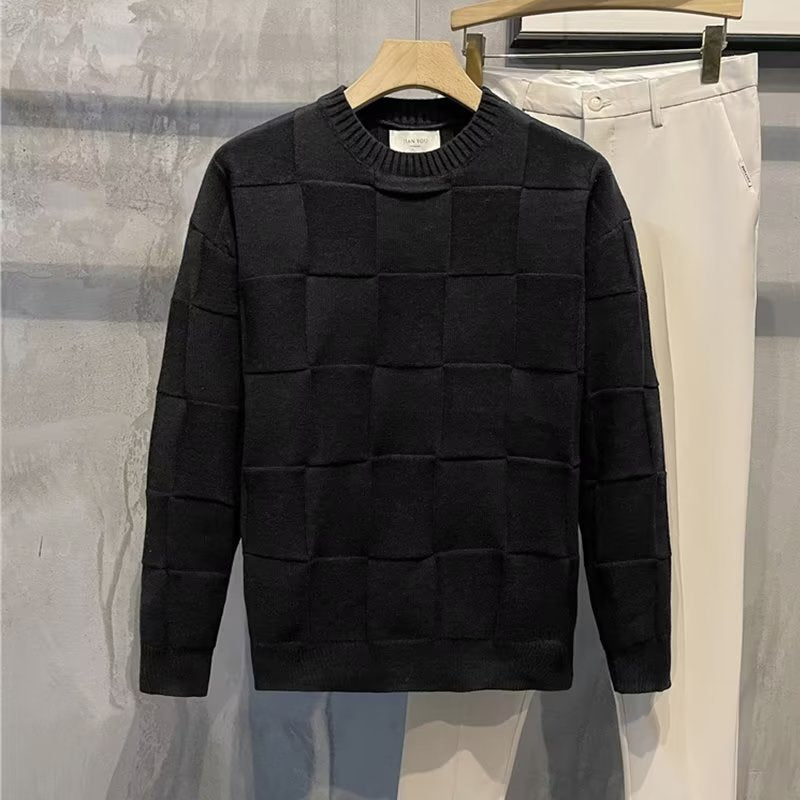 Men's Solid Color Checkered Long Sleeve Sweater/4 Colors