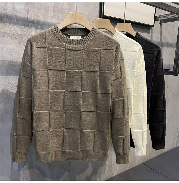 Men's Solid Color Checkered Long Sleeve Sweater/4 Colors