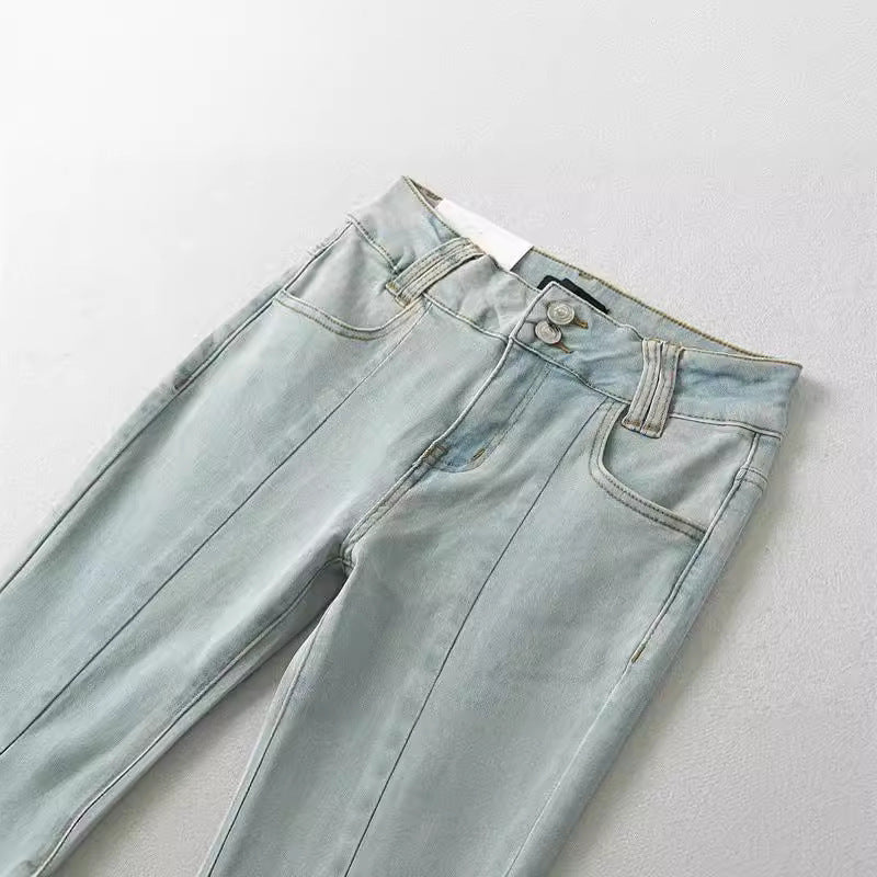 Woman's Low Waist Denim Washed Frayed Hem Wide Leg Jeans