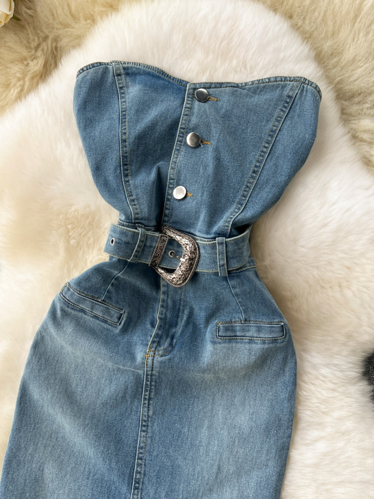 Woman's Waist-tight Hip Split Denim Dress