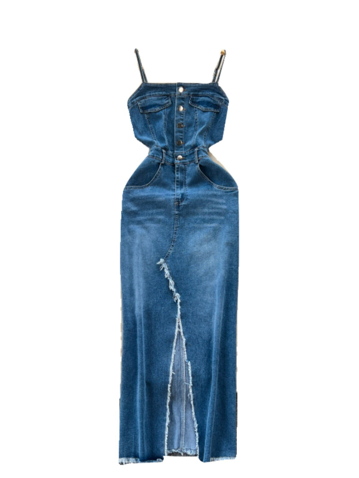 Woman's Denim Frayed Hem Long Split Dress