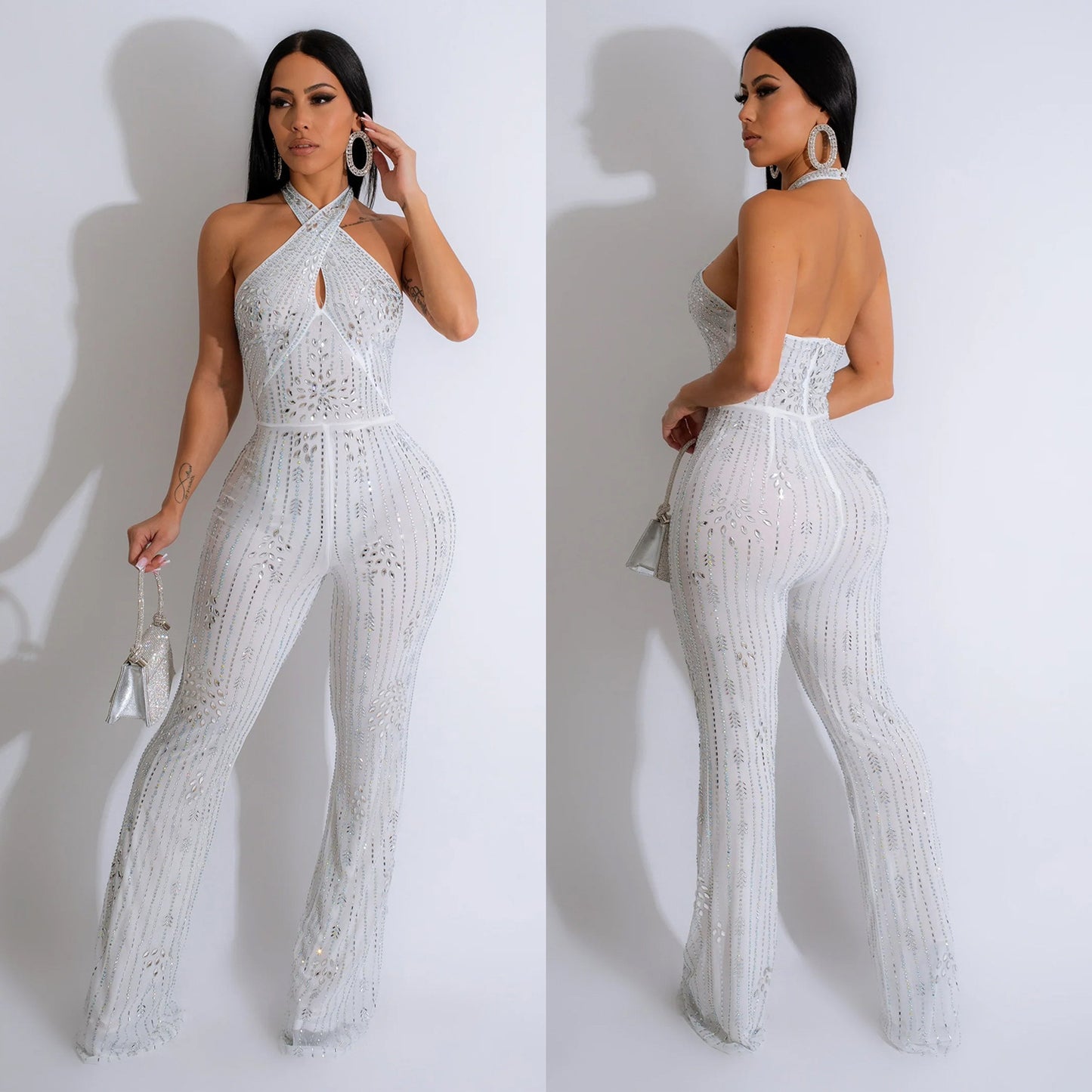 Woman's Rhinestone Halter Jumpsuit/2 Colors
