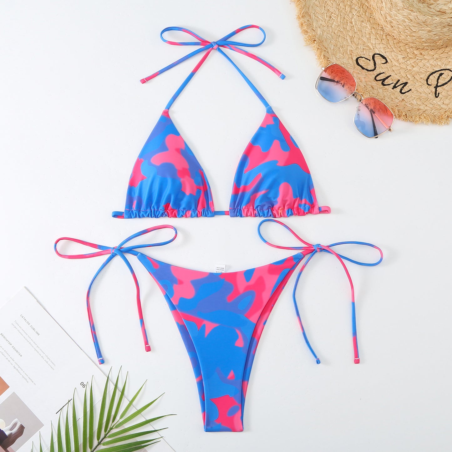 Woman's Split Contrast Color Lacing Triangle Bikini/5 Colors