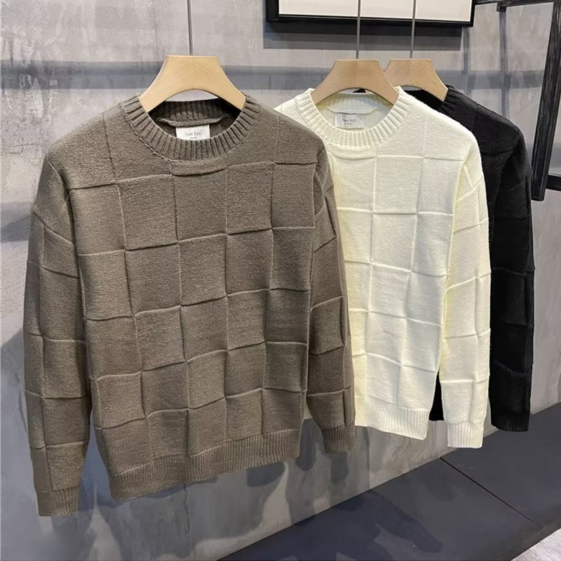 Men's Solid Color Checkered Long Sleeve Sweater/4 Colors