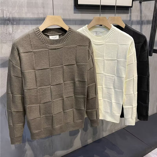 Men's Solid Color Checkered Long Sleeve Sweater/4 Colors