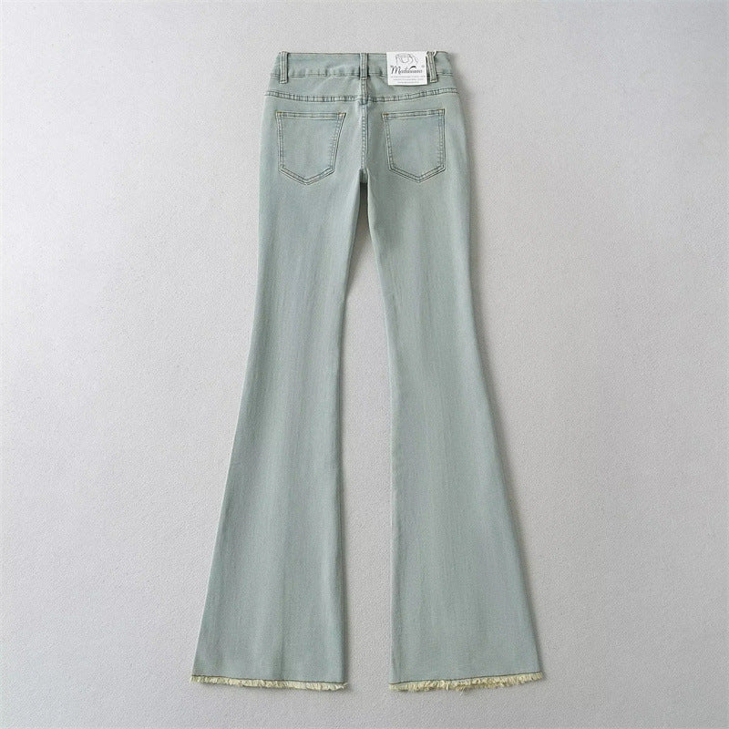 Woman's Low Waist Denim Washed Frayed Hem Wide Leg Jeans