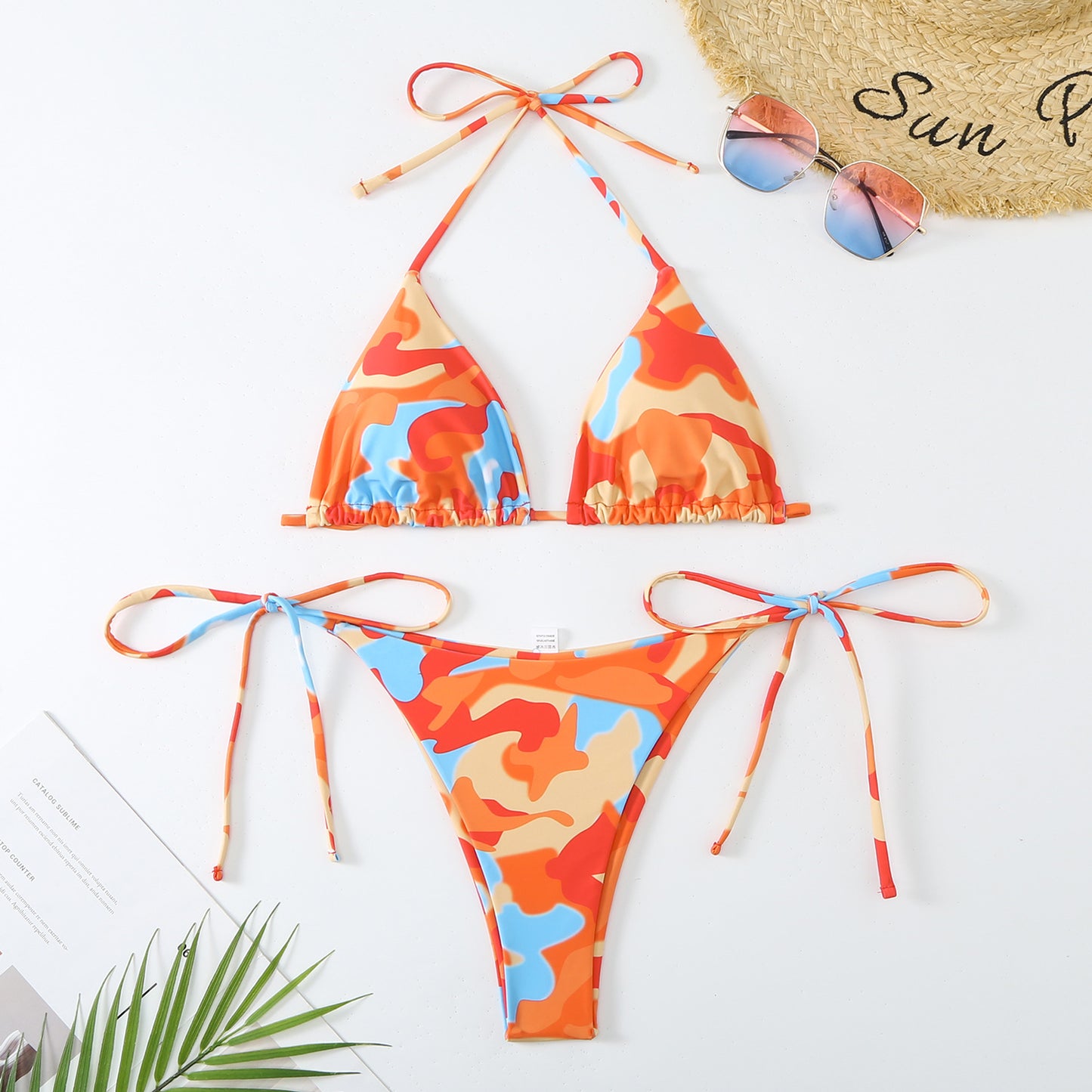 Woman's Split Contrast Color Lacing Triangle Bikini/5 Colors