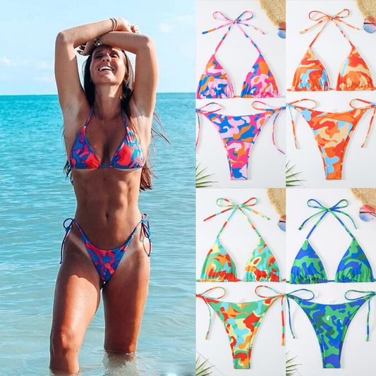Woman's Split Contrast Color Lacing Triangle Bikini/5 Colors
