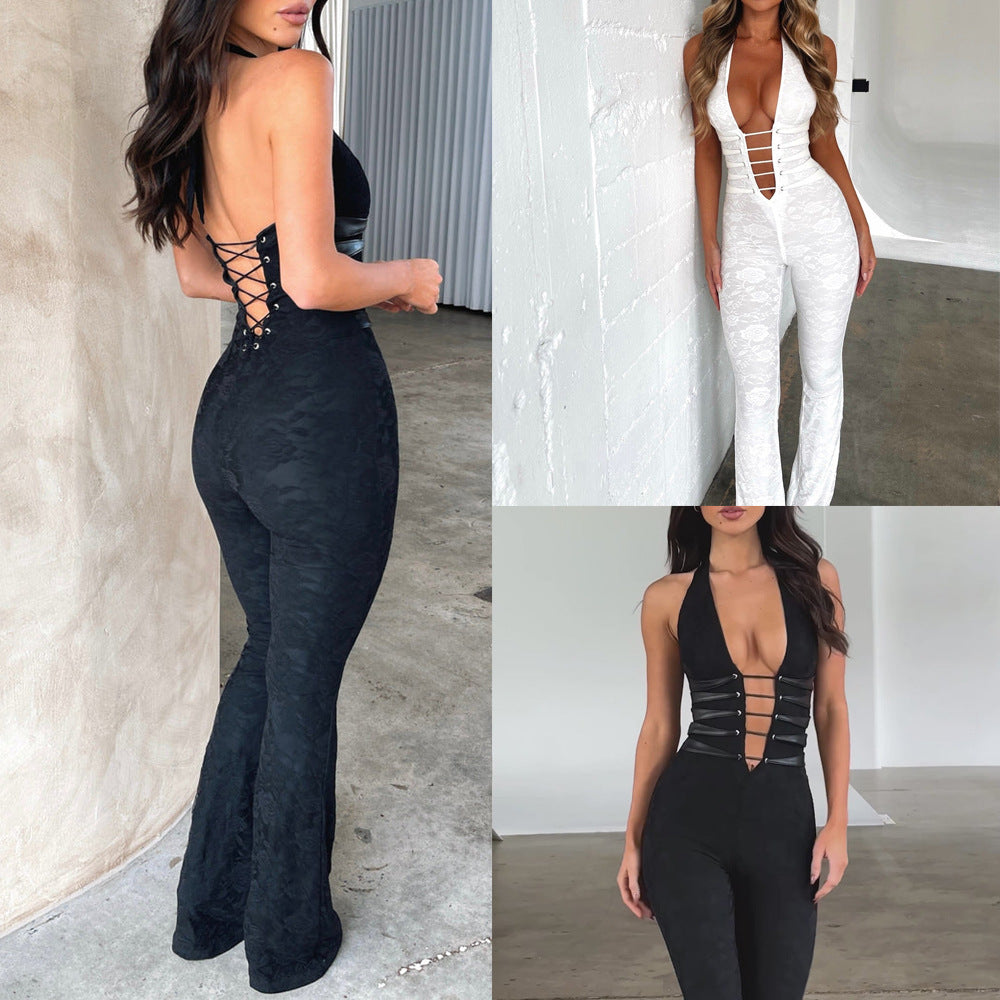 Woman's Lash Rope Lace Up Slim Fit Jumpsuit/2 Colors