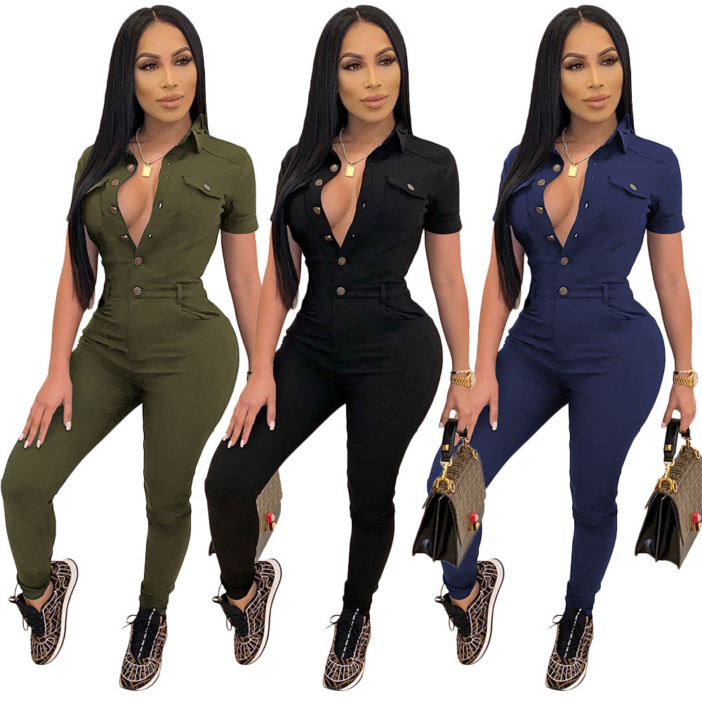 Women' Polo Collar Short-sleeved Single-breasted Jumpsuit/2 Colors