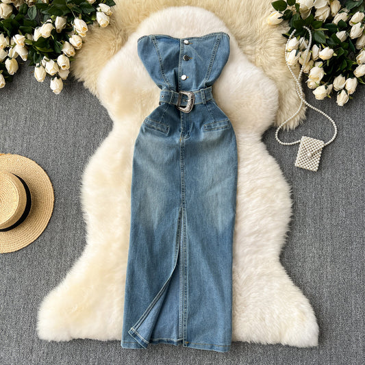 Woman's Waist-tight Hip Split Denim Dress