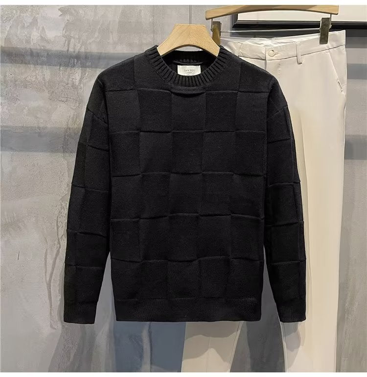 Men's Solid Color Checkered Long Sleeve Sweater/4 Colors