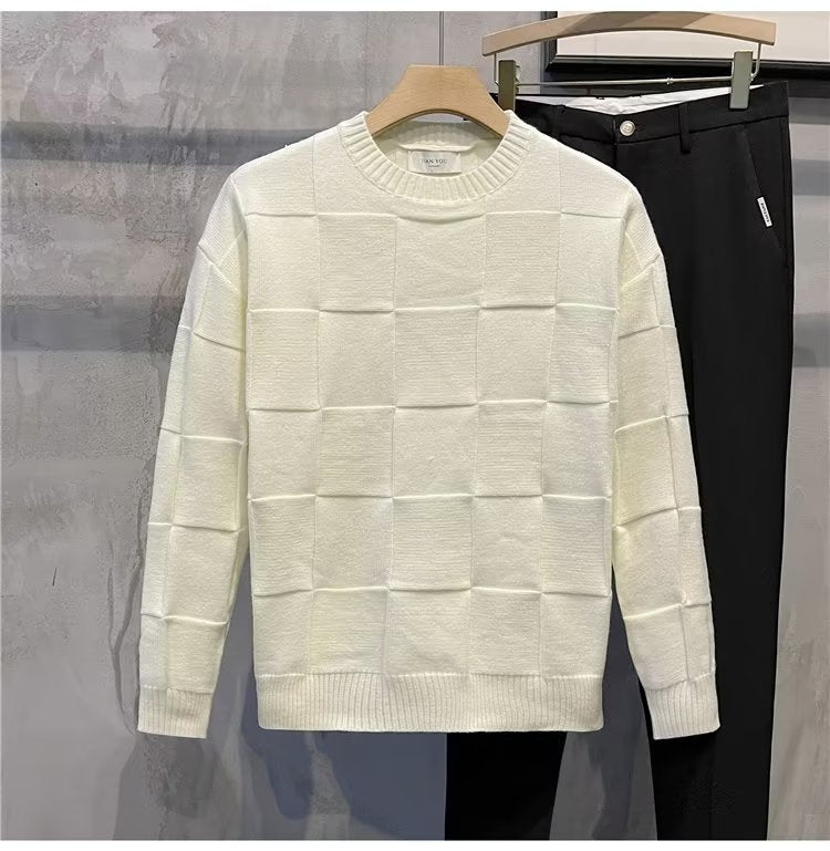 Men's Solid Color Checkered Long Sleeve Sweater/4 Colors