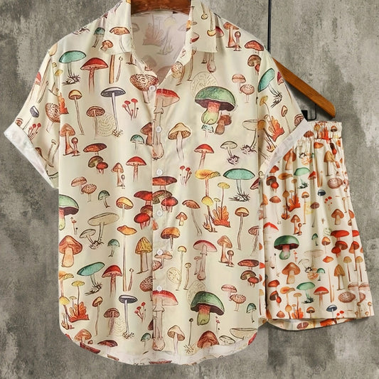 Men's Mushroom Printed Casual Short Sleeve Two Peice Set