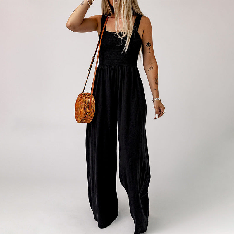 Woman's High Waist Wide Leg Square Neck Jumpsuit/4 Colors