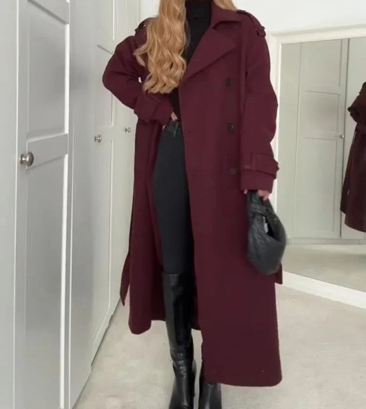 Woman's Lapel Double-breasted Woolen Long Trench Coat