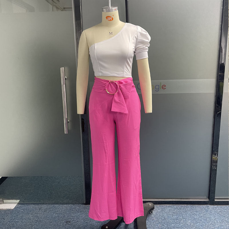 Women's Puff Shoulder Sleeve Top/ Wide Leg Pants Two-piece Set