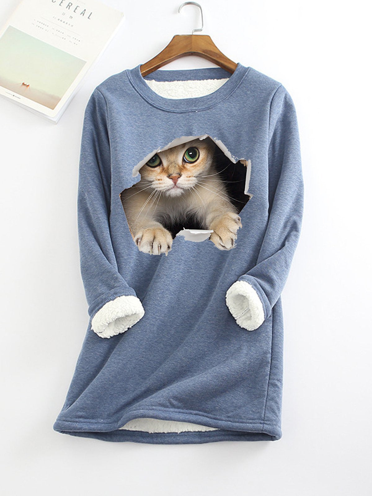 Woman's Fleece-lined 3D Print Kitten Top/12 Colors