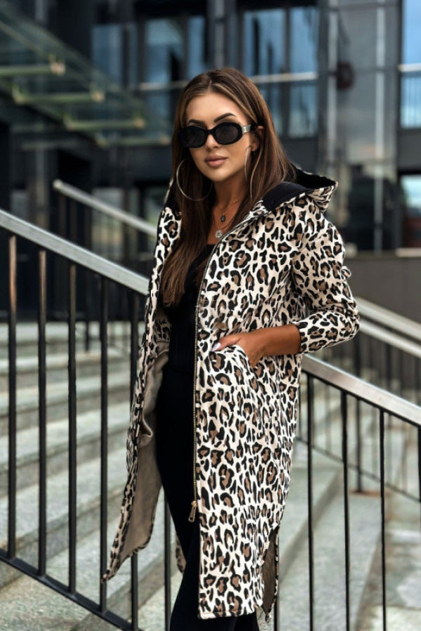 Women's Long-sleeved Hooded Print Trench Coat