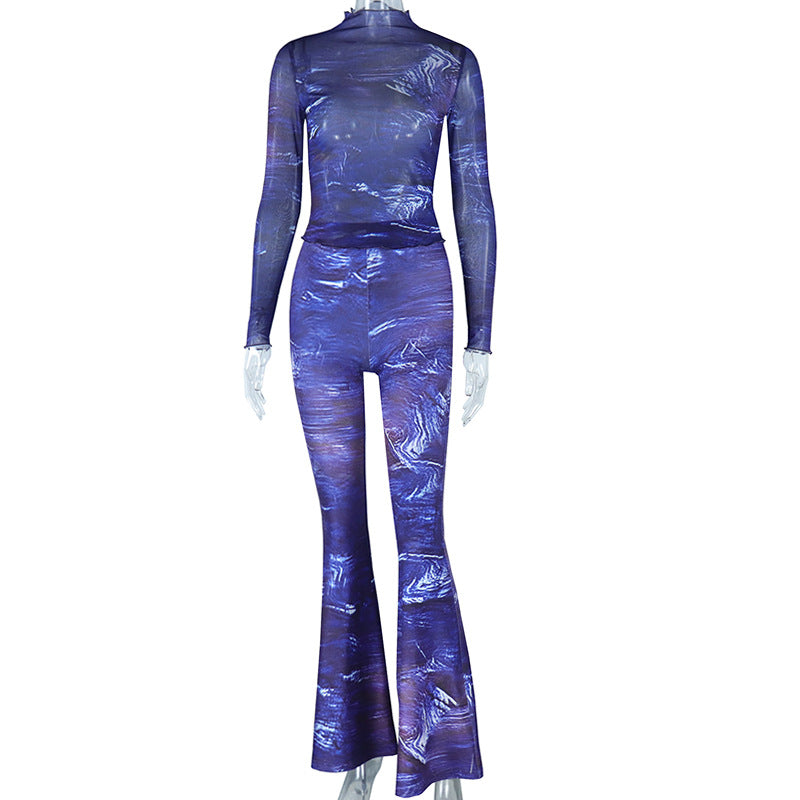 Woman's Printed Long-sleeved Top Sheer Mesh Bell-bottom Jumpsuit