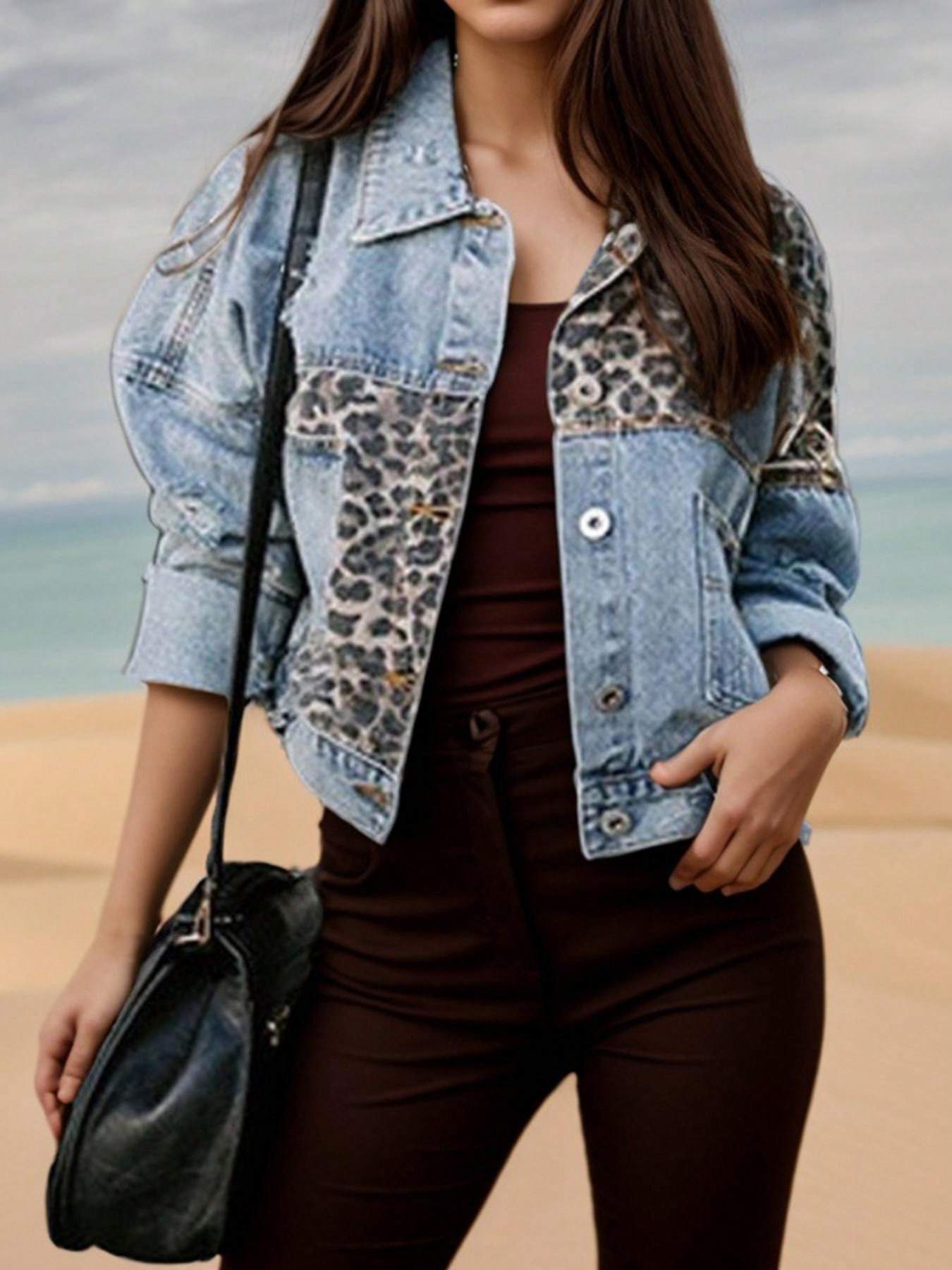 Women's Washed Blue Worn Denim Leopard Print Short Jacket