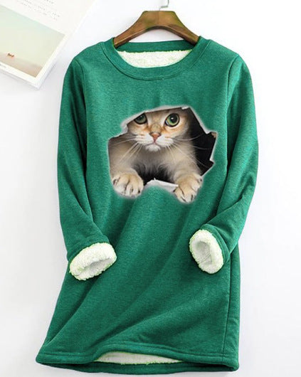 Woman's Fleece-lined 3D Print Kitten Top/12 Colors