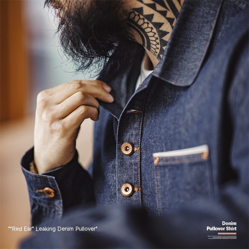 Men's Pullover Half Botton Denim Shirt