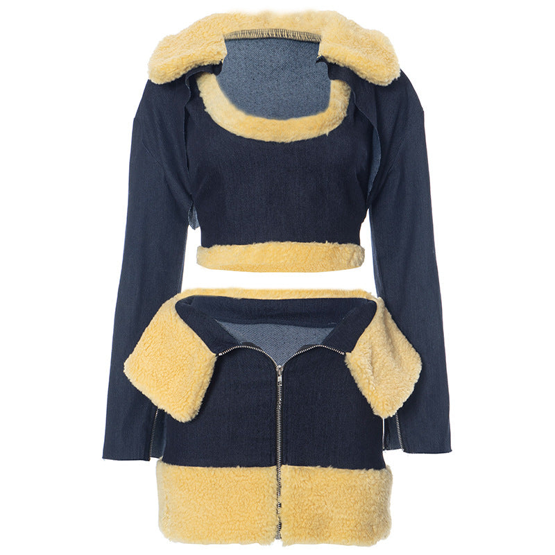 Women's Denim Fur Collar 3 Piece Set