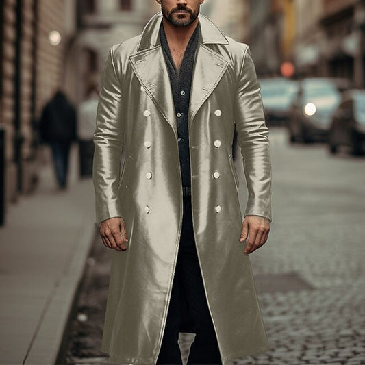 Long Trench Coat Male Double-breasted  metallic Leather Jacket