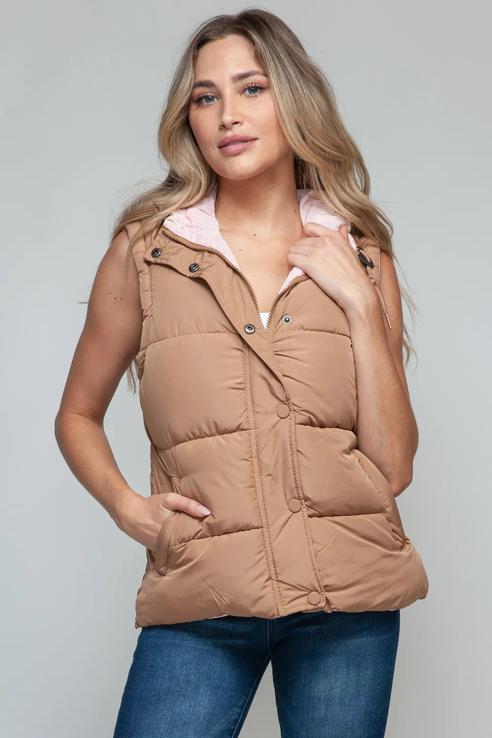 Woman's Snap And Zip Closure Hooded Vest