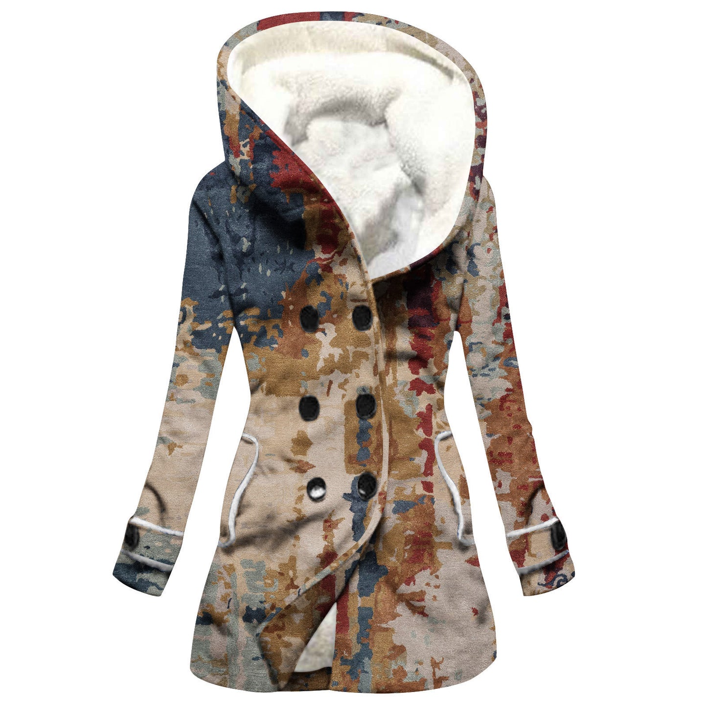 Women's Windbreaker Winter Thickened Imitation Lamb Stitching Floral Hooded