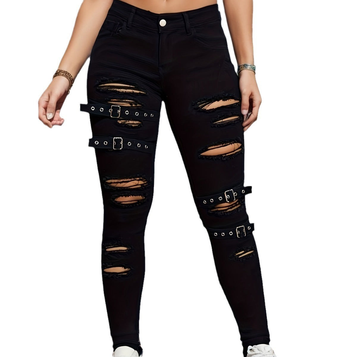 Women's Ripped Buckle Slim Fit Jeans