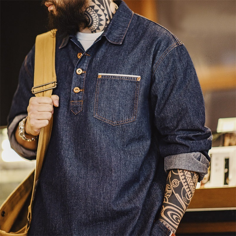 Men's Pullover Half Botton Denim Shirt